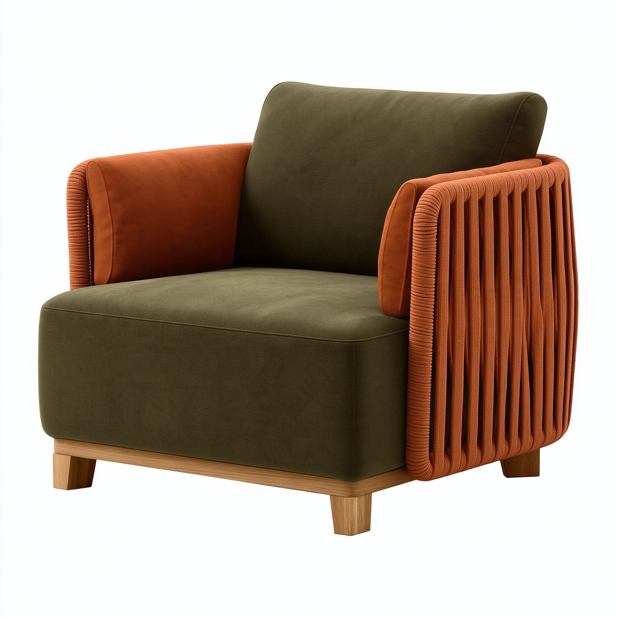Fauteuil 85 x 78 x 82 cm en tissu vert olive et terracotta - style contemporain avec accoudoirs tressés