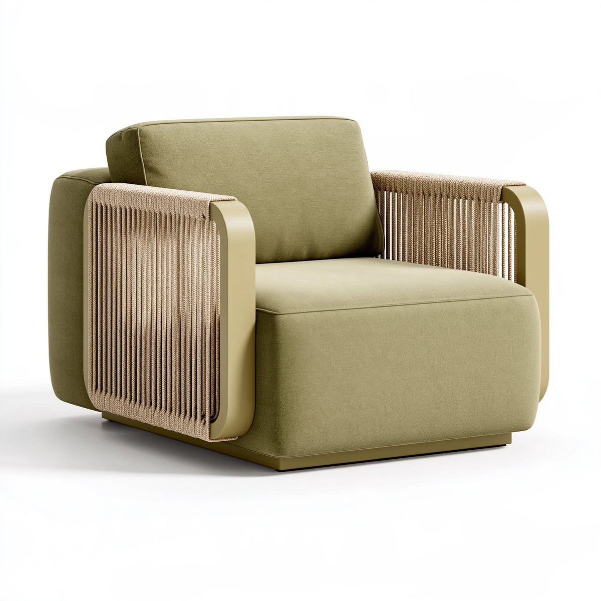 Fauteuil 90 x 85 x 80 cm en tissu vert kaki avec accoudoirs tressés style contemporain