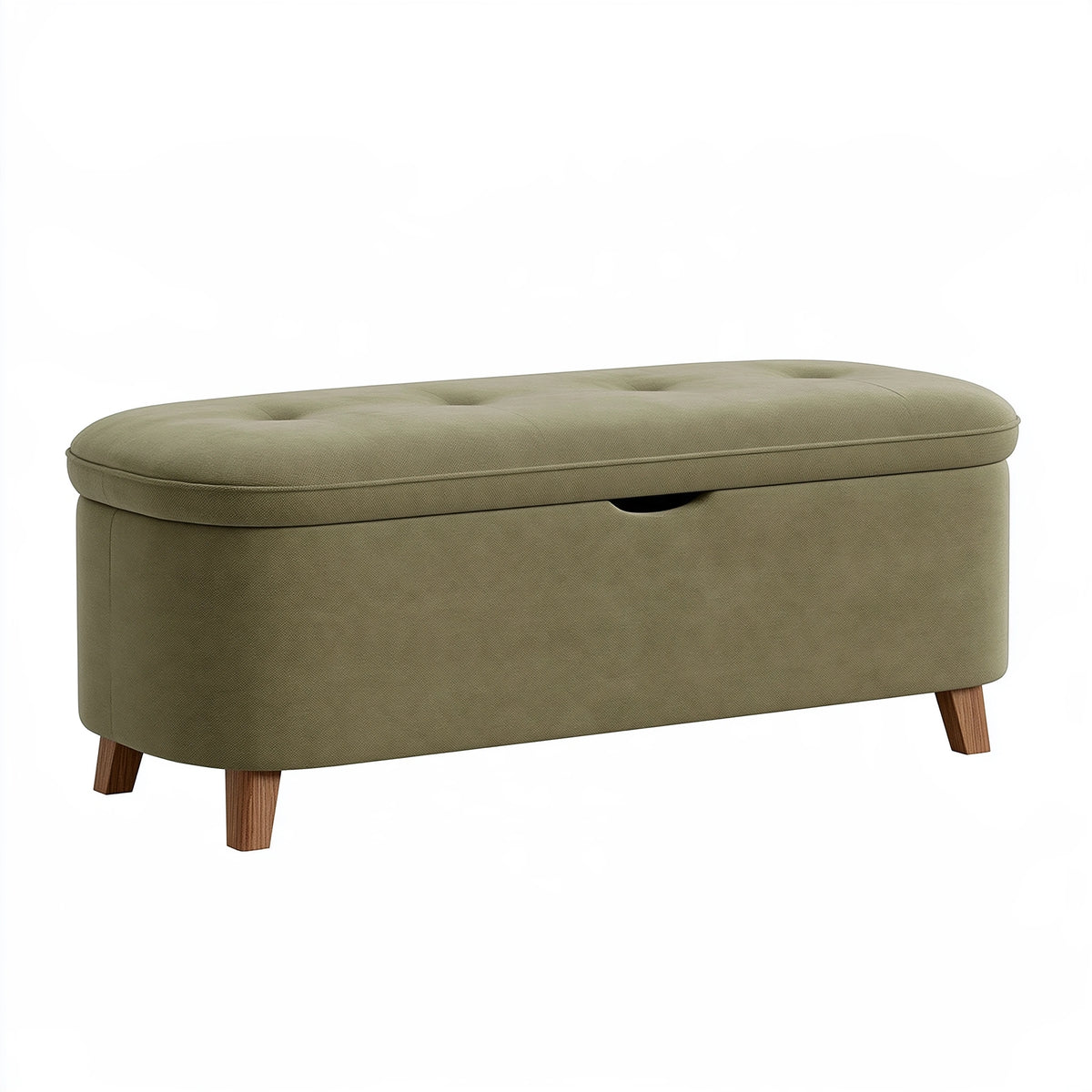 Banc coffre 100 cm en tissu vert kaki avec pieds en bois - assise capitonnée rangement intérieur