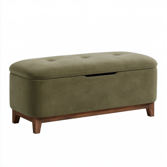 Banc de rangement 100 x 40 x 48 cm en tissu vert kaki avec pieds en bois style contemporain
