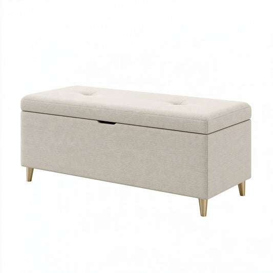 Banc coffre 120 x 45 x 48 cm en tissu beige avec pieds métalliques dorés - rangement capitonné