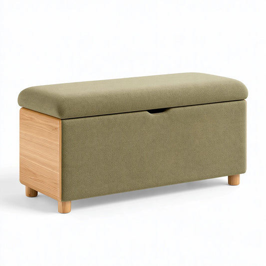 Banc coffre 80 x 40 x 45 cm en tissu vert et bois - assise rembourrée avec rangement