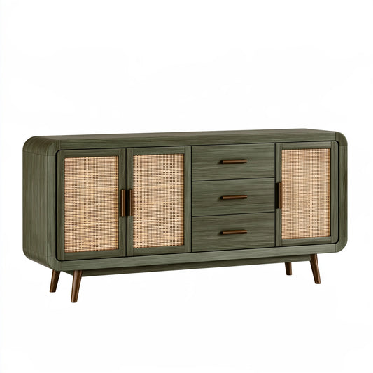 Buffet 160 x 45 x 85 cm effet bois vert et cannage pour rangement style vintage