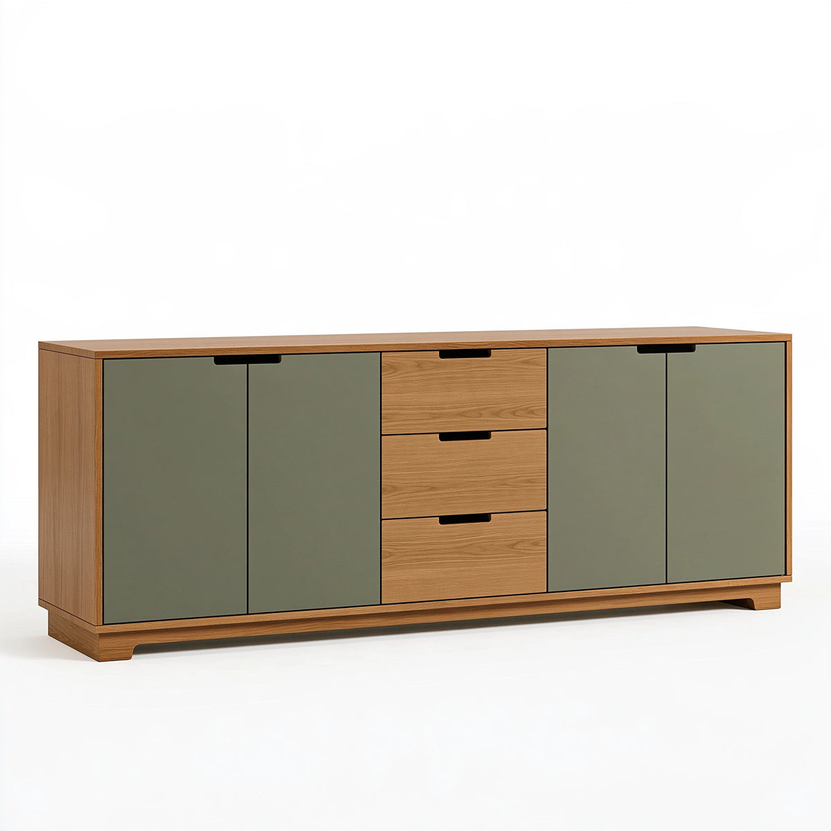 Buffet 180 x 40 x 85 cm en panneaux finition bois vert kaki avec 4 portes et 3 tiroirs