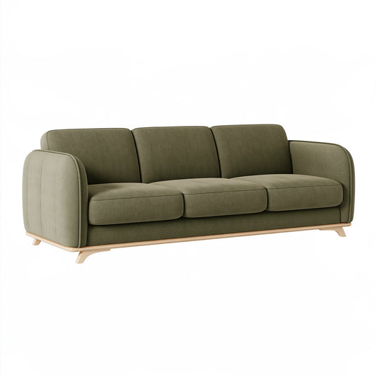 Canapé droit 3 places 220 x 95 x 88 cm en tissu vert kaki avec piètement bois style contemporain