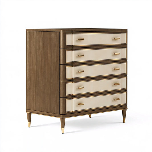 Commode 90 x 45 x 140 cm en bois brun et beige à 5 tiroirs style contemporain