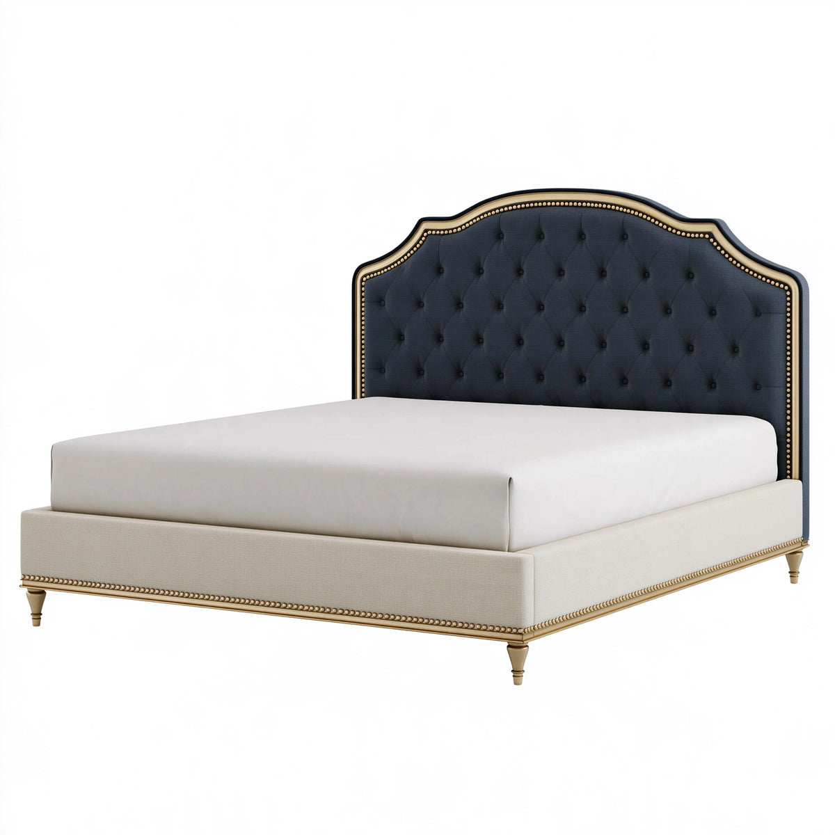 Lit capitonné 160 x 200 cm en tissu bleu marine et beige style classique