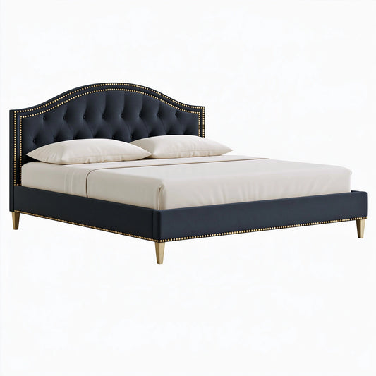 Lit double 160 x 200 cm en tissu bleu nuit capitonné avec clous décoratifs