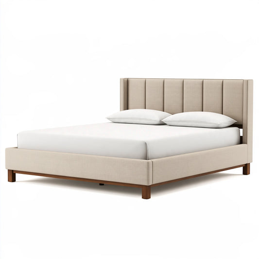 Lit 160 x 200 cm en tissu beige avec cadre en bois style contemporain