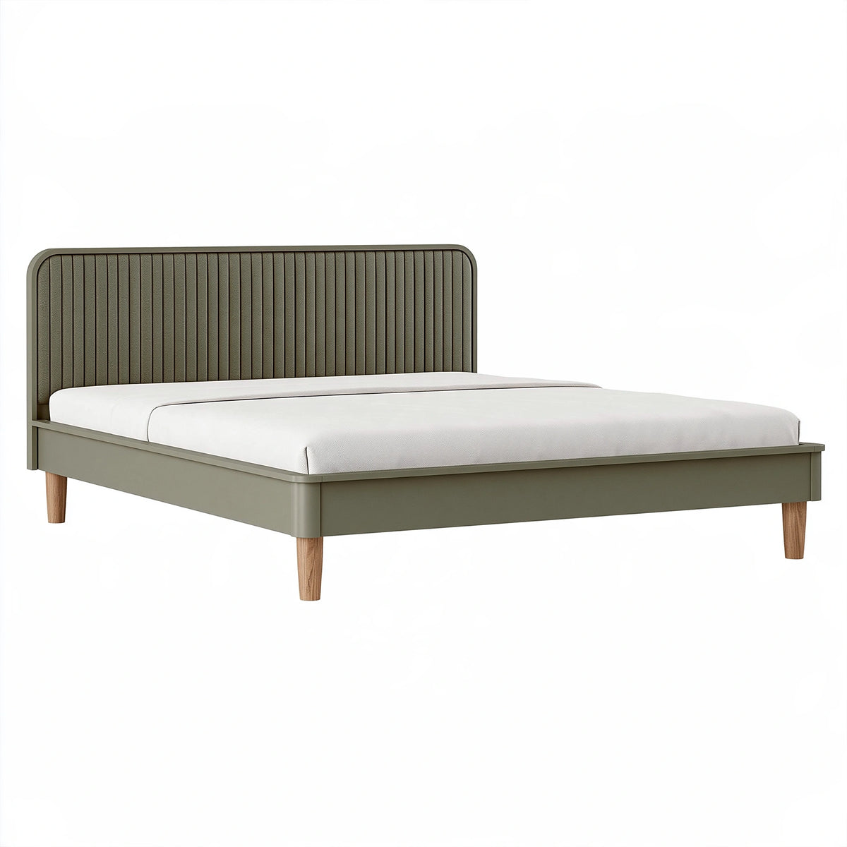 Lit double 160 x 200 cm en bois vert kaki avec tête de lit capitonnée style contemporain