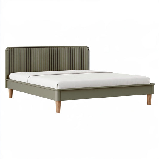 Lit double 160 x 200 cm en bois vert kaki avec tête de lit capitonnée style contemporain