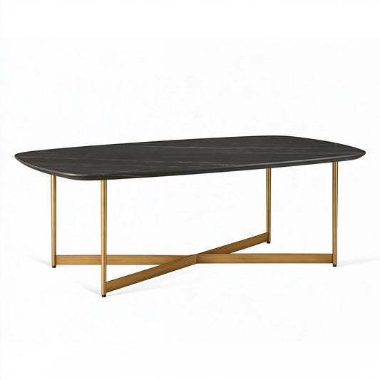 Table à manger ovale 200 x 100 x 75 cm plateau noir effet marbre piètement métal doré style contemporain