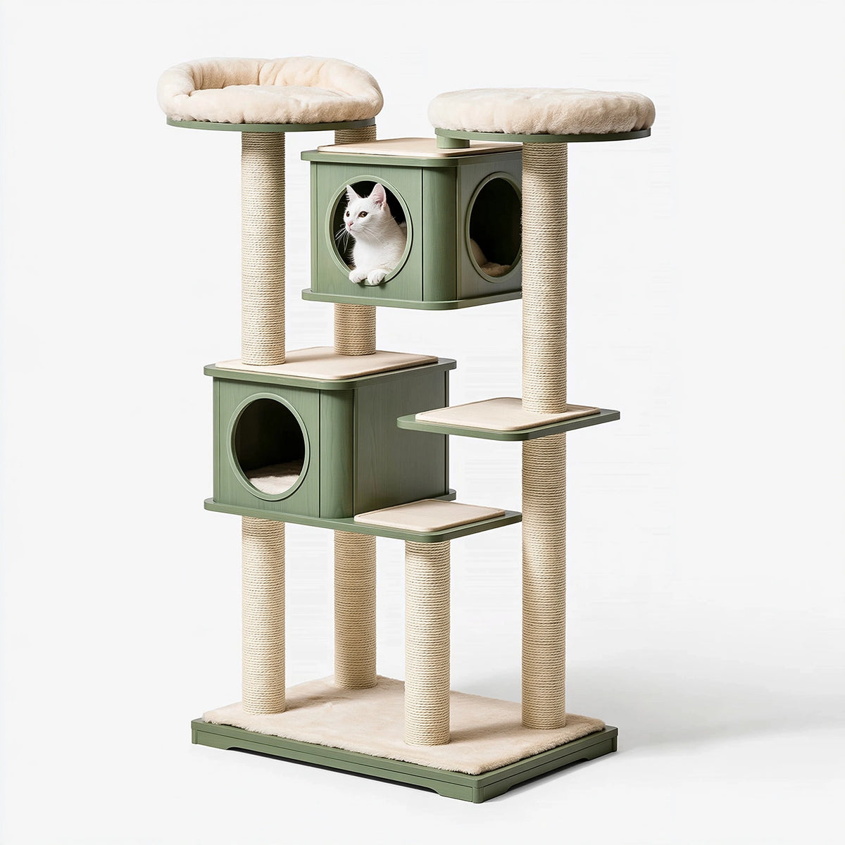 Arbre à chat 80 x 60 x 180 cm en sisal vert sauge et beige avec niches et plateformes