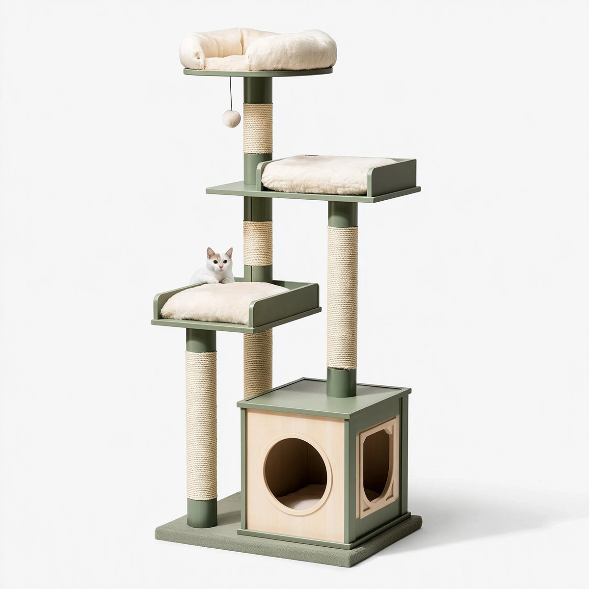 Arbre à chat 70 x 60 x 180 cm en bois vert et beige avec griffoirs et niches