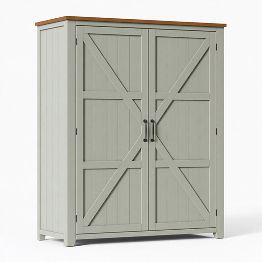Armoire de rangement 120 x 50 x 180 cm en bois vert sauge style grange à deux portes