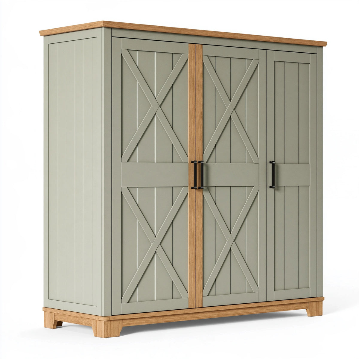 Armoire 180 x 60 x 200 cm en panneaux de bois vert sauge et décor bois style campagne à 3 portes