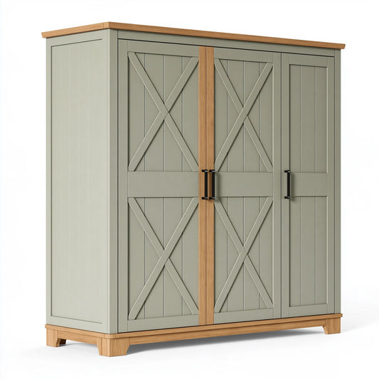 Armoire 180 x 60 x 200 cm en panneaux de bois vert sauge et décor bois style campagne à 3 portes