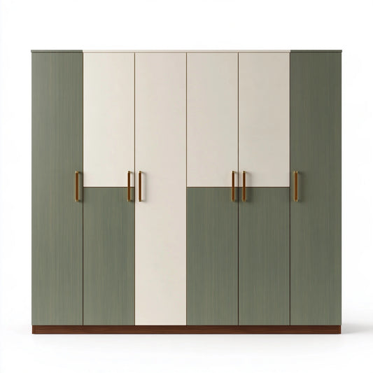 Armoire 6 portes 240 x 60 x 220 cm en panneaux de bois vert sauge et crème - rangement contemporain